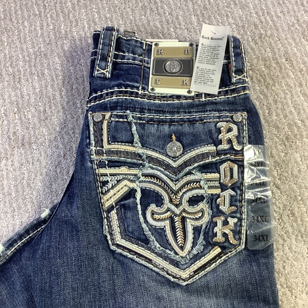Rock Revival Callan Slim Boot Jeans Embroidered Buckle Exclusive 34 x 36 NWT